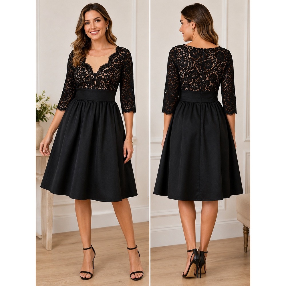 Eliza J Women's Size 10 Black Lace Illusion Neck Cocktail Dress Quiet Luxury